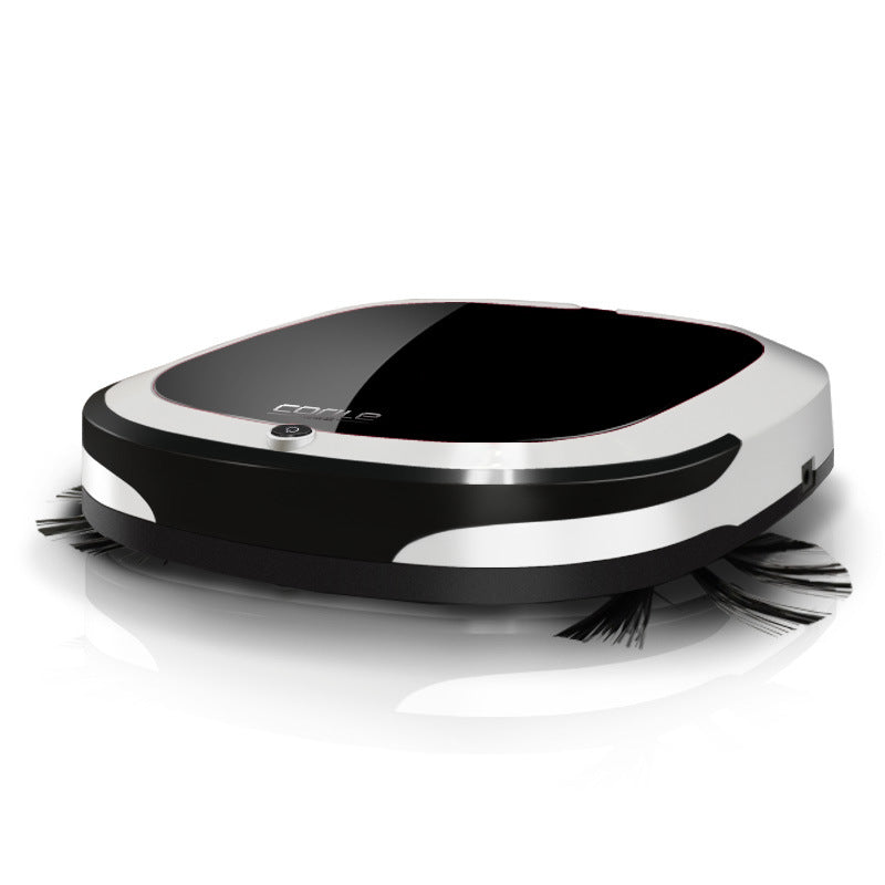 Cleaning Robot Automatic Intelligent Vacuum Cleaner Sweeper in sleek black and silver design.
